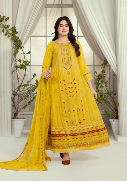 Mahru Luxury Chiffon Embroidered Traditional 3-Piece Suit