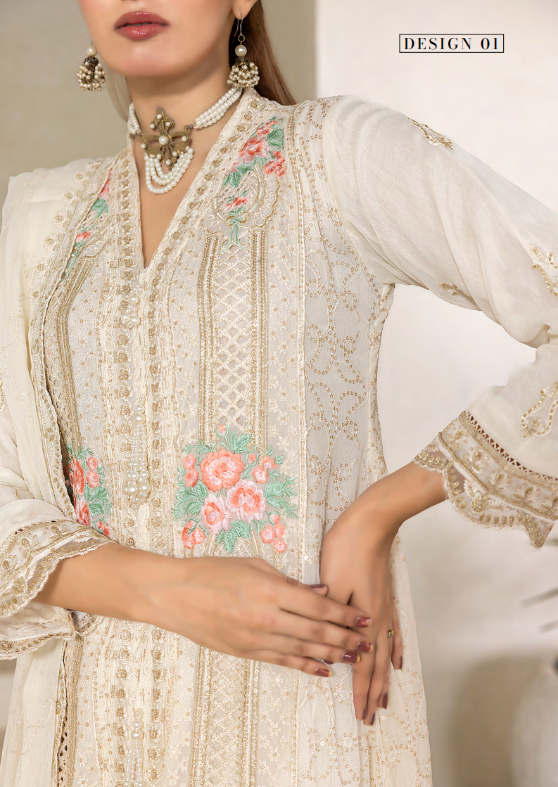 Mahru Luxury Chiffon Vol. 3 Embroidered Traditional 3-Piece Suit Design 01